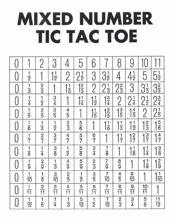 Fraction Bars Mixed Numbers Tic Tac Toe Free Mat